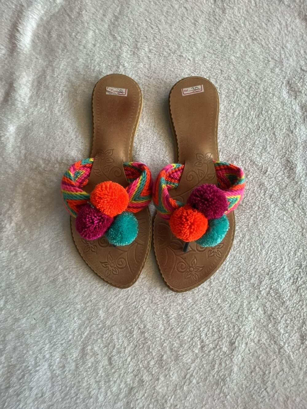Katico Pom Pom Sandals Size 38 Colorful Braided Flat Thong
